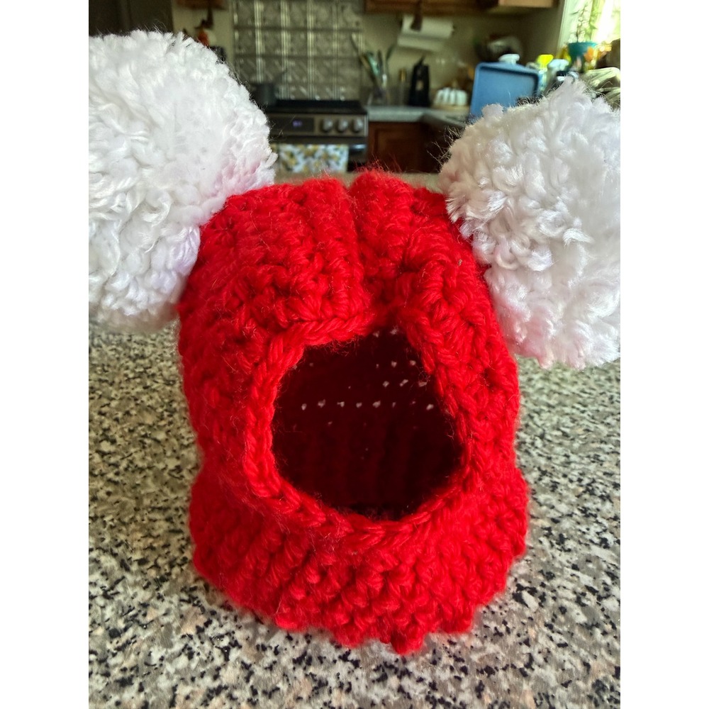 Handmade Crochet Pet Balaclava Red White Pom Pom Dog Cat Hat Hood Festive Winter